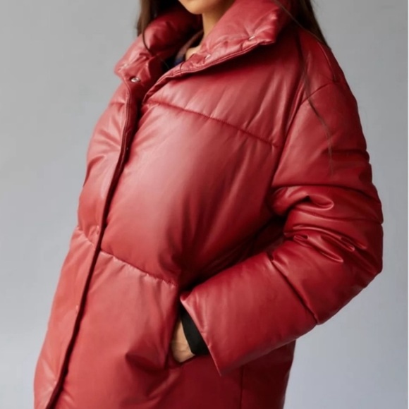 AVEC LES FILLES FAUX LEATHER QUILTED PUFFER JACKET Tomato Red Size 1x - Picture 4 of 4